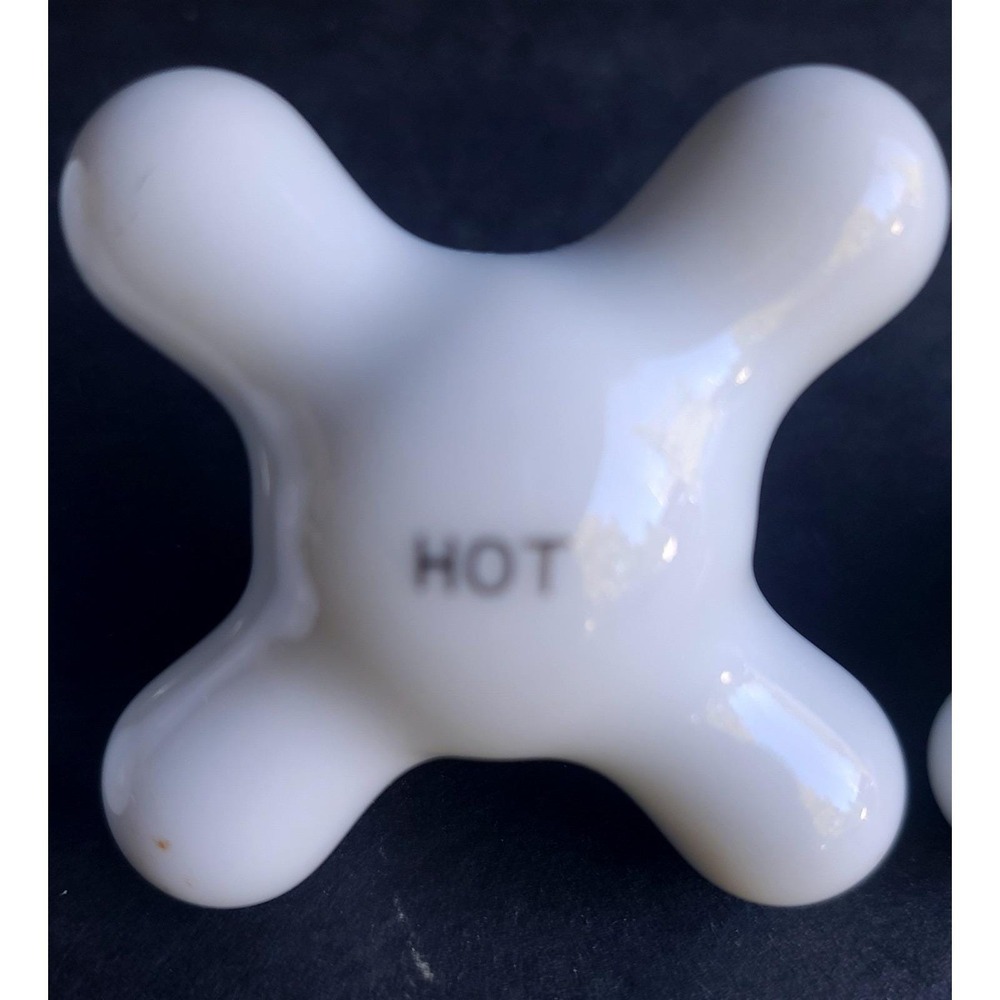 Vintage White Porcelain Cross Faucet Handles Set Hot Cold Waste Ceramic 3pc - Picture 3 of 7